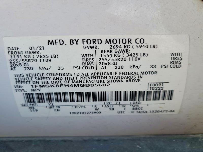 67874176 :رقم المزاد ، 1FMSK8FH4MGB05602 vin ، 2021 Ford Explorer مزاد بيع