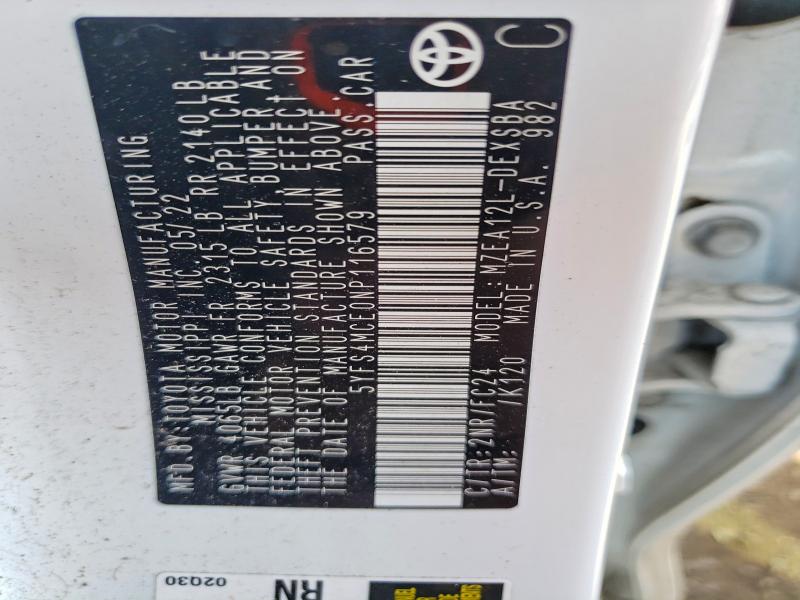 68131466 :رقم المزاد ، 5YFS4MCE0NP116579 vin ، 2022 Toyota Corolla مزاد بيع