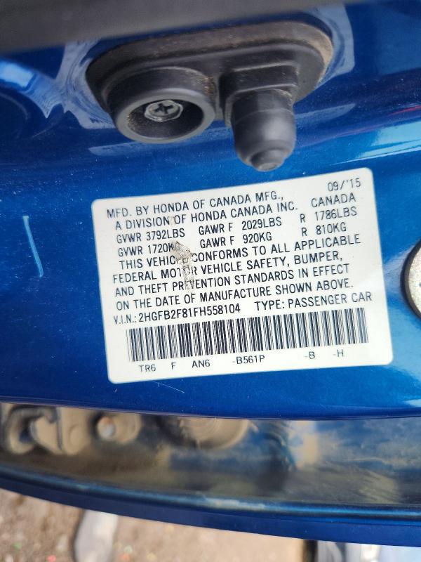Продаж на аукціоні авто 2015 Honda Civic, vin: 2HGFB2F81FH558104, номер лоту: 68824916