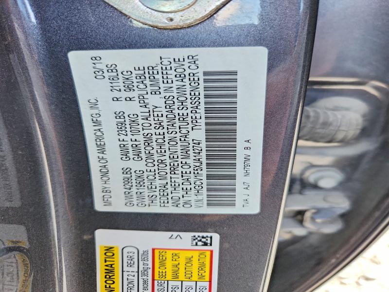 Продажа на аукционе авто 2018 Honda Accord, vin: 1HGCV1F5XJA142747, номер лота: 67023096