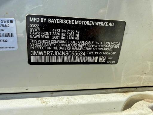 70011806 :رقم المزاد ، 3MW5R7J04N8C65534 vin ، 2022 Bmw 330xi مزاد بيع