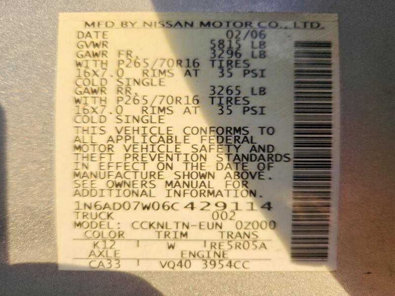 Продажа на аукционе авто 2006 Nissan Frontier, vin: 1N6AD07W06C429114, номер лота: 68435016