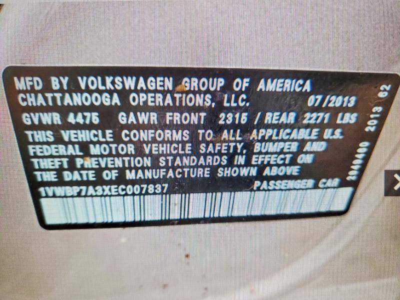 67072806 :رقم المزاد ، 1VWBP7A3XEC007837 vin ، 2014 Volkswagen Passat مزاد بيع
