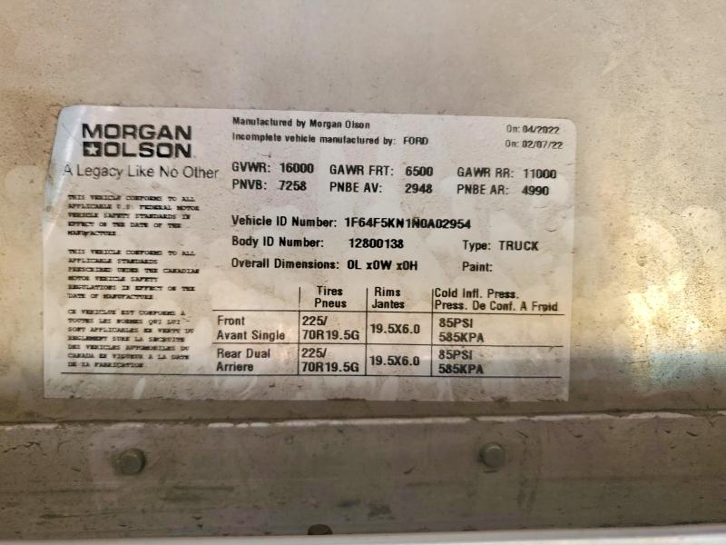2022 Ford F59 მანქანა იყიდება აუქციონზე, vin: 1F64F5KN1N0A02954, აუქციონის ნომერი: 69848196
