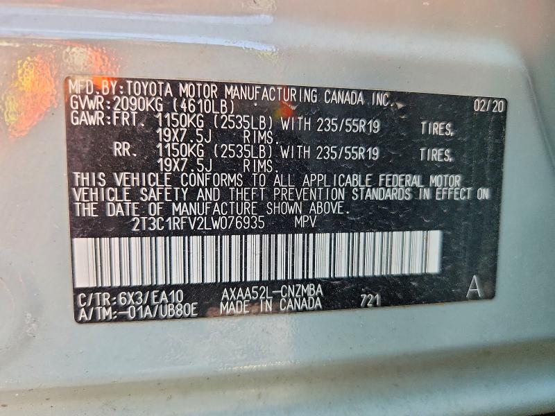 2020 Toyota Rav4 მანქანა იყიდება აუქციონზე, vin: 2T3C1RFV2LW076935, აუქციონის ნომერი: 68748076