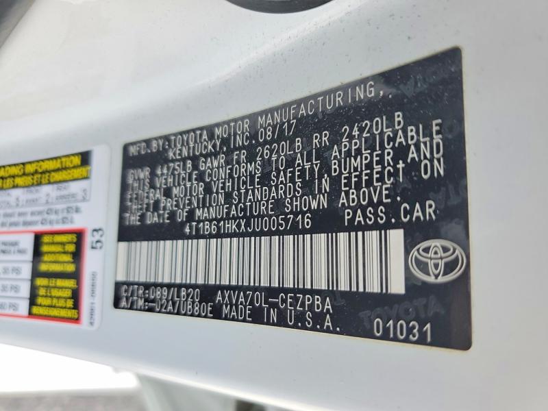 2018 Toyota Camry მანქანა იყიდება აუქციონზე, vin: 4T1B61HKXJU005716, აუქციონის ნომერი: 67838316