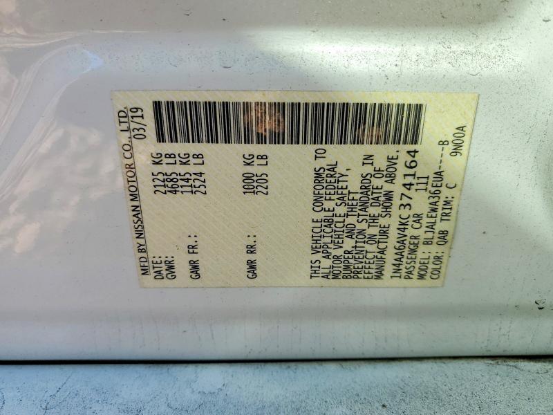 2019 Nissan Maxima მანქანა იყიდება აუქციონზე, vin: 1N4AA6AV4KC374164, აუქციონის ნომერი: 70083706