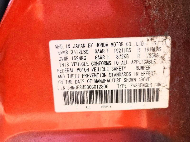 68697186 :رقم المزاد ، JHMGE8H53CC012806 vin ، 2012 Honda Fit مزاد بيع