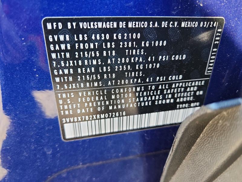 68838776 :رقم المزاد ، 3VV8X7B2XRM072616 vin ، 2024 Volkswagen Taos مزاد بيع