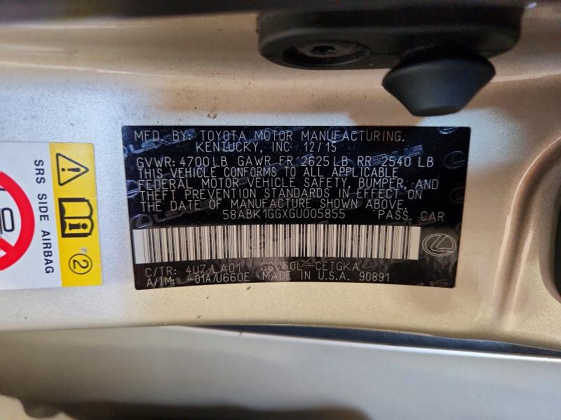 Aukcja sprzedaży 2016 Lexus Es, vin: 58ABK1GGXGU005855, numer aukcji: 67985806