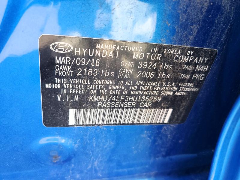 69166046 :رقم المزاد ، KMHD74LF3HU136269 vin ، 2017 Hyundai Elantra مزاد بيع