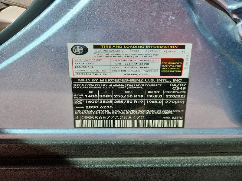 Aukcja sprzedaży 2007 Mercedes-benz Ml, vin: 4JGBB86E77A258472, numer aukcji: 68307006
