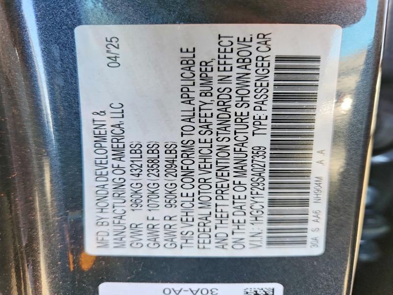 Продаж на аукціоні авто 2025 Honda Accord, vin: 1HGCY1F29SA027359, номер лоту: 68221546