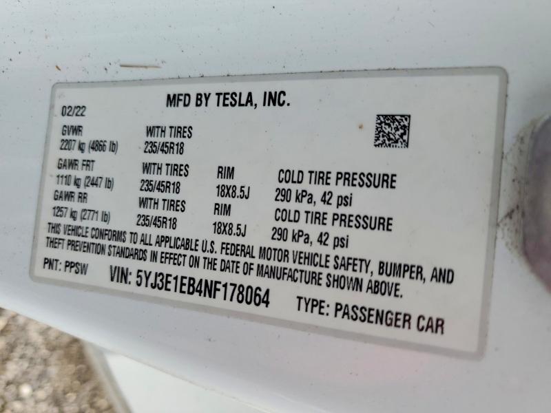 Продажа на аукционе авто 2022 Tesla Model 3, vin: 5YJ3E1EB4NF178064, номер лота: 69038416