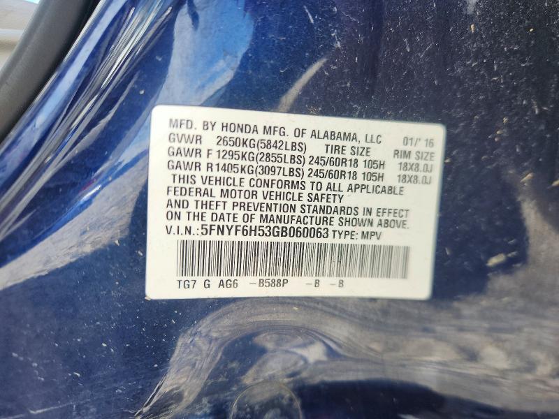 2016 Honda Pilot მანქანა იყიდება აუქციონზე, vin: 5FNYF6H53GB060063, აუქციონის ნომერი: 67185546