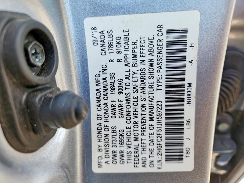 2018 Honda Civic მანქანა იყიდება აუქციონზე, vin: 2HGFC2F51JH597223, აუქციონის ნომერი: 68695686