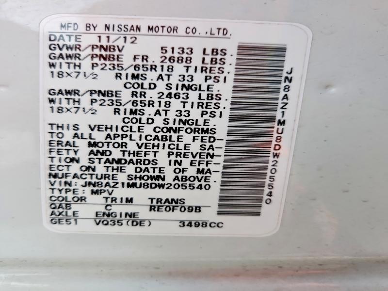 2013 Nissan Murano მანქანა იყიდება აუქციონზე, vin: JN8AZ1MU8DW205540, აუქციონის ნომერი: 68110956
