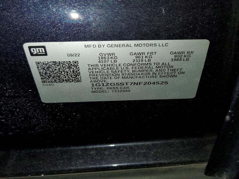 68493826 :رقم المزاد ، 1G1ZG5ST7NF204525 vin ، 2022 Chevrolet Malibu مزاد بيع