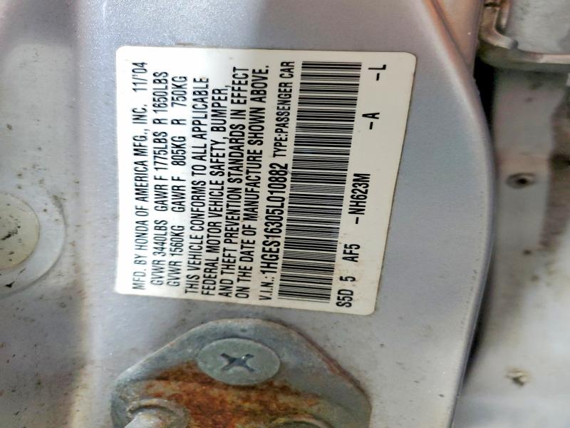 2005 Honda Civic მანქანა იყიდება აუქციონზე, vin: 1HGES16305L010882, აუქციონის ნომერი: 68572246