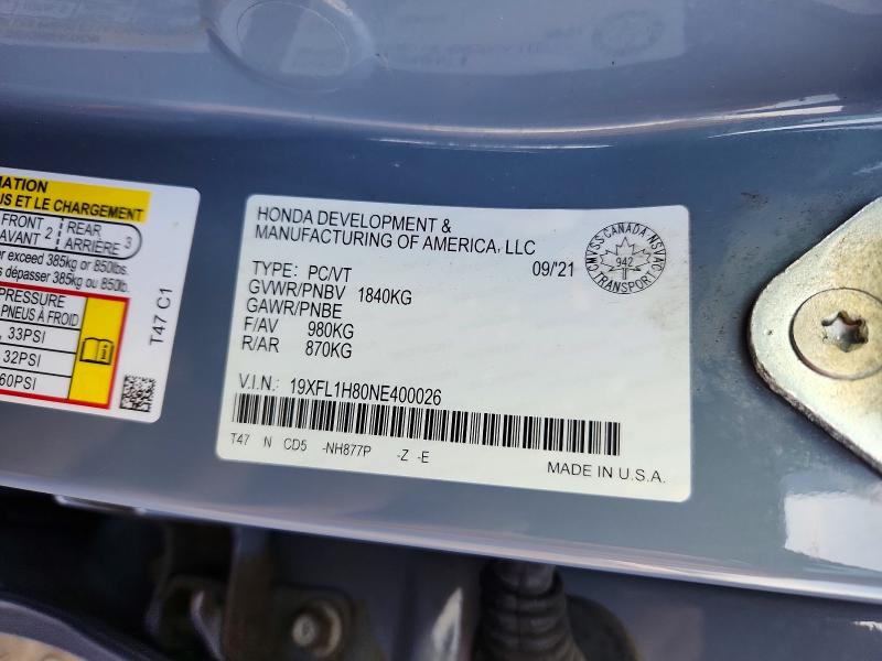 Продаж на аукціоні авто 2022 Honda Civic, vin: 19XFL1H80NE400026, номер лоту: 68545806