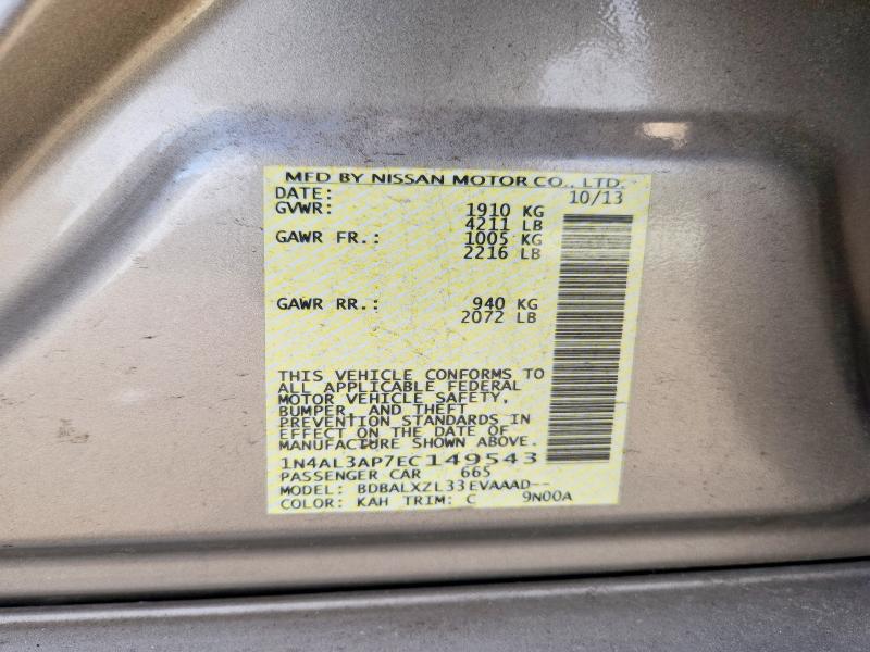 Продаж на аукціоні авто 2014 Nissan Altima, vin: 1N4AL3AP7EC149543, номер лоту: 71167276