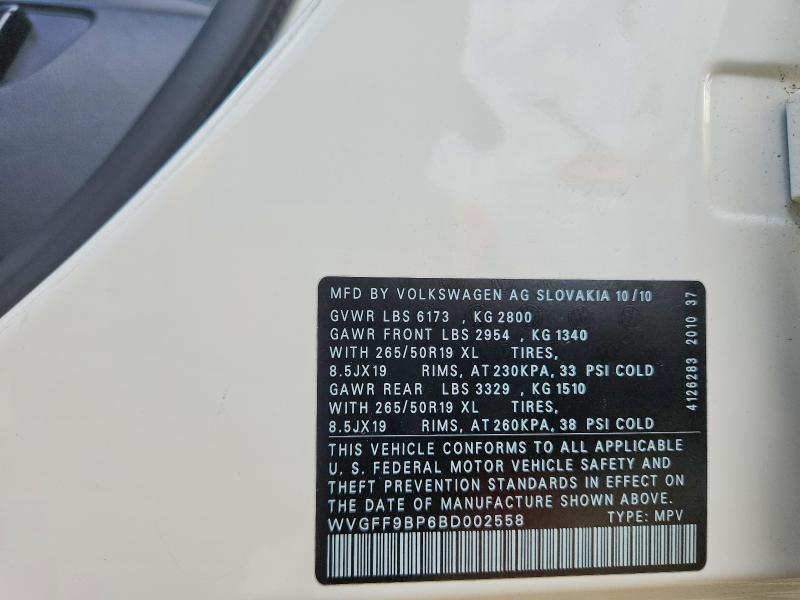 2011 Volkswagen Touareg მანქანა იყიდება აუქციონზე, vin: WVGFF9BP6BD002558, აუქციონის ნომერი: 67278346