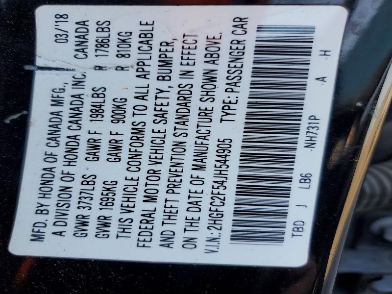 67606476 :رقم المزاد ، 2HGFC2F54JH544905 vin ، 2018 Honda Civic مزاد بيع