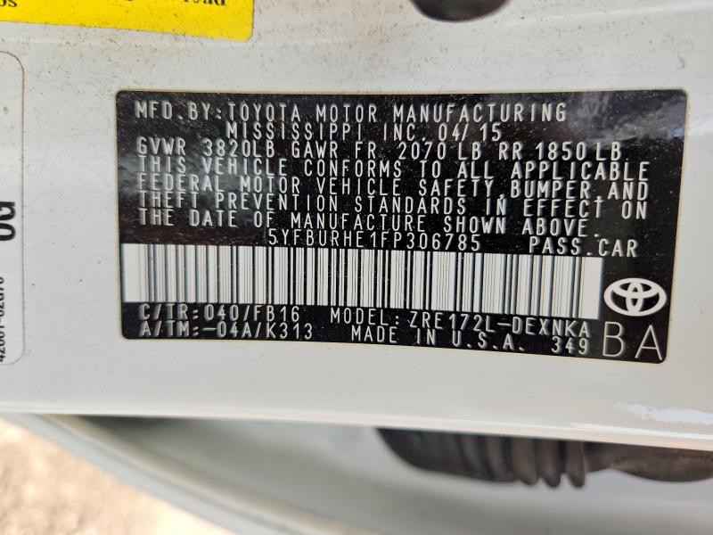 2015 Toyota Corolla მანქანა იყიდება აუქციონზე, vin: 5YFBURHE1FP306785, აუქციონის ნომერი: 67635706