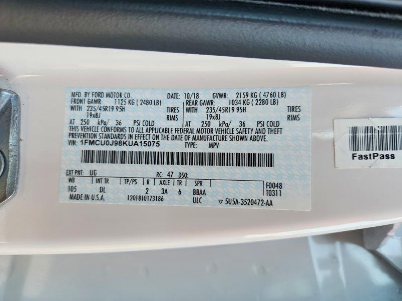 Продаж на аукціоні авто 2019 Ford Escape, vin: 1FMCU0J98KUA15075, номер лоту: 68685316