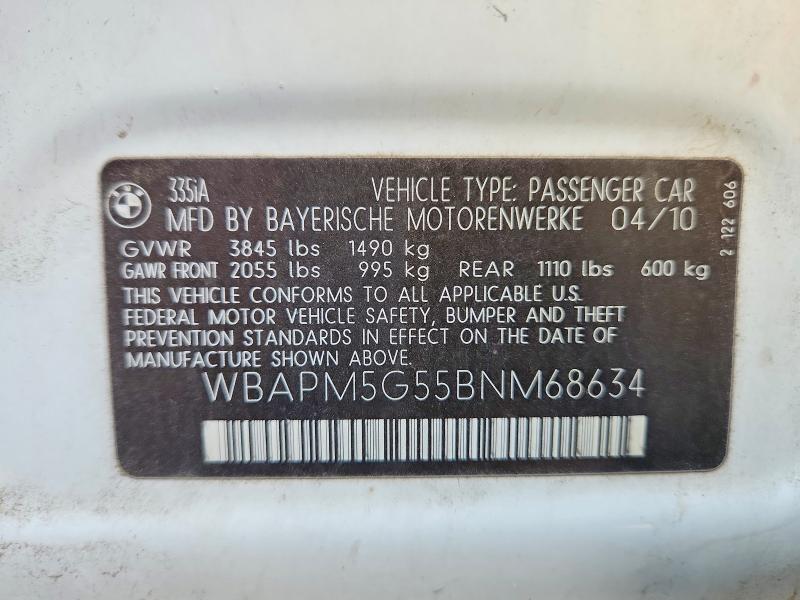 69950406 :رقم المزاد ، WBAPM5G55BNM68634 vin ، 2011 Bmw 335 مزاد بيع