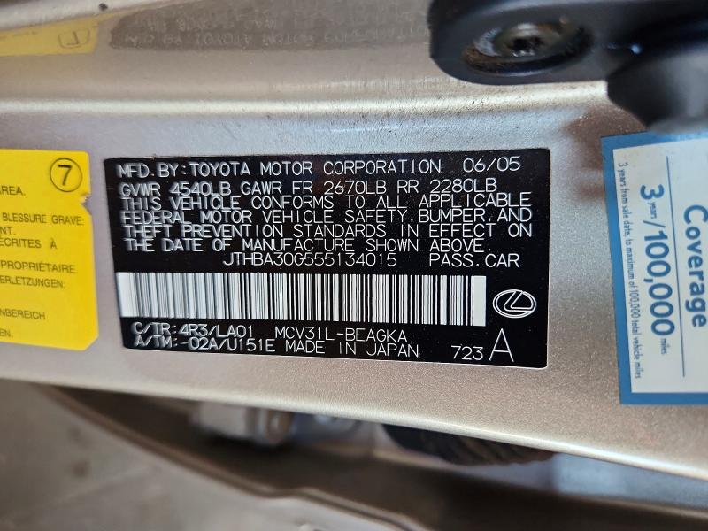 Продажа на аукционе авто 2005 Lexus Es, vin: JTHBA30G555134015, номер лота: 67407286