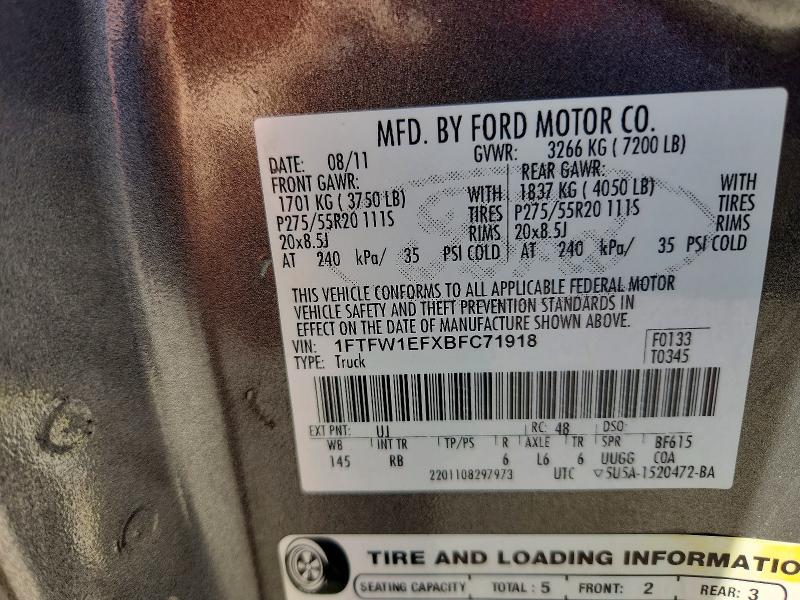 70445656 :رقم المزاد ، 1FTFW1EFXBFC71918 vin ، 2011 Ford F150 مزاد بيع