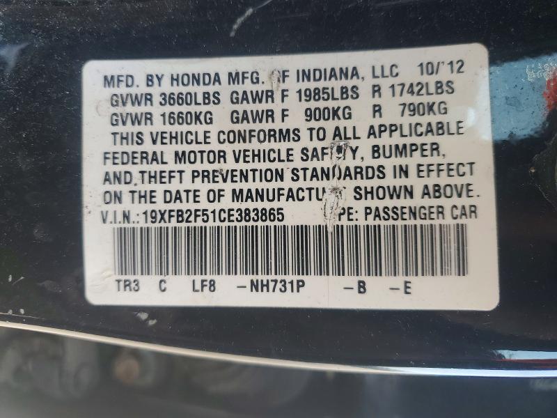52997136 :رقم المزاد ، 19XFB2F51CE383865 vin ، 2012 Honda Civic مزاد بيع