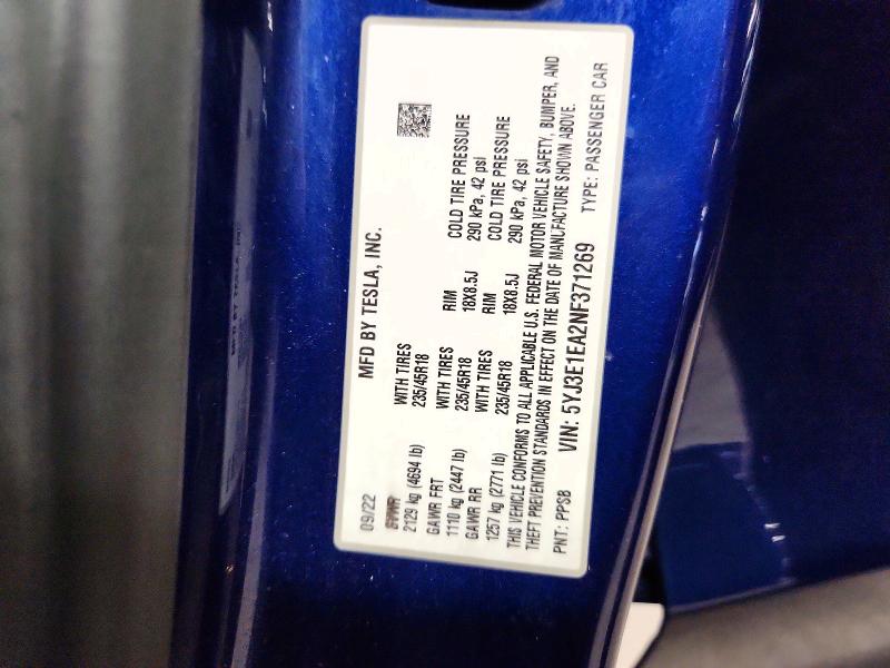 65961626 :رقم المزاد ، 5YJ3E1EA2NF371269 vin ، 2022 Tesla Model 3 مزاد بيع