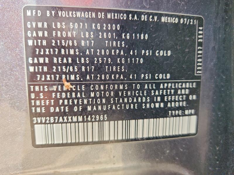 68092936 :رقم المزاد ، 3VV2B7AXXMM142965 vin ، 2021 Volkswagen Tiguan مزاد بيع