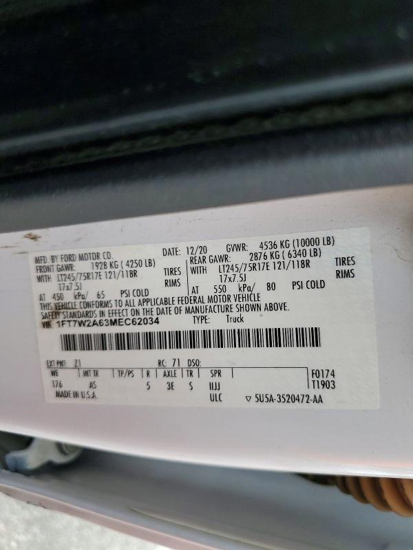 2021 Ford F250 მანქანა იყიდება აუქციონზე, vin: 1FT7W2A63MEC62034, აუქციონის ნომერი: 68253216