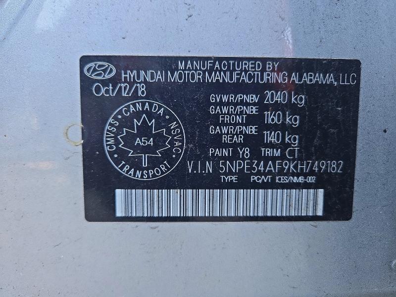 68198816 :رقم المزاد ، 5NPE34AF9KH749182 vin ، 2019 Hyundai Sonata مزاد بيع