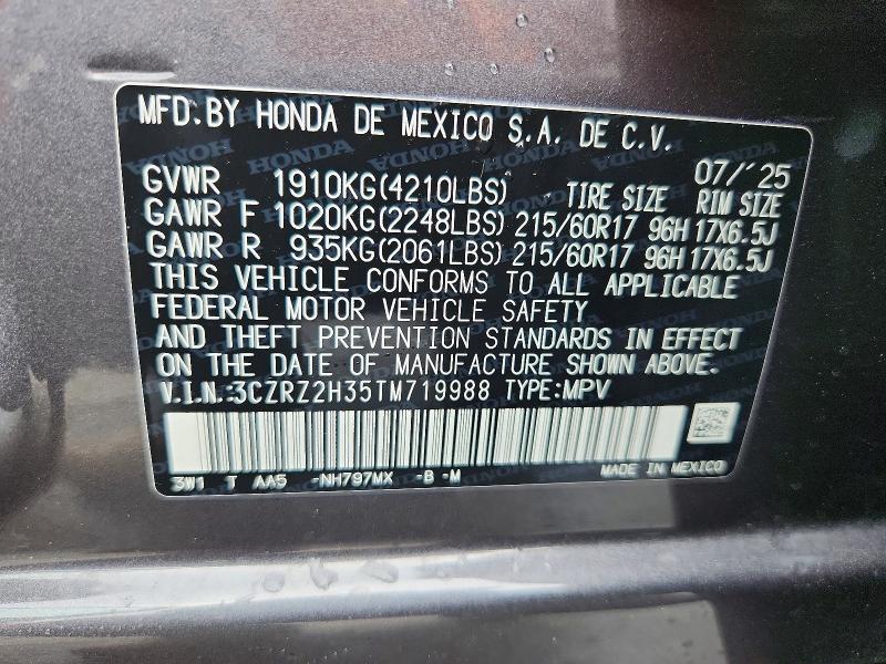 2026 Honda Hr-v მანქანა იყიდება აუქციონზე, vin: 3CZRZ2H35TM719988, აუქციონის ნომერი: 66772736