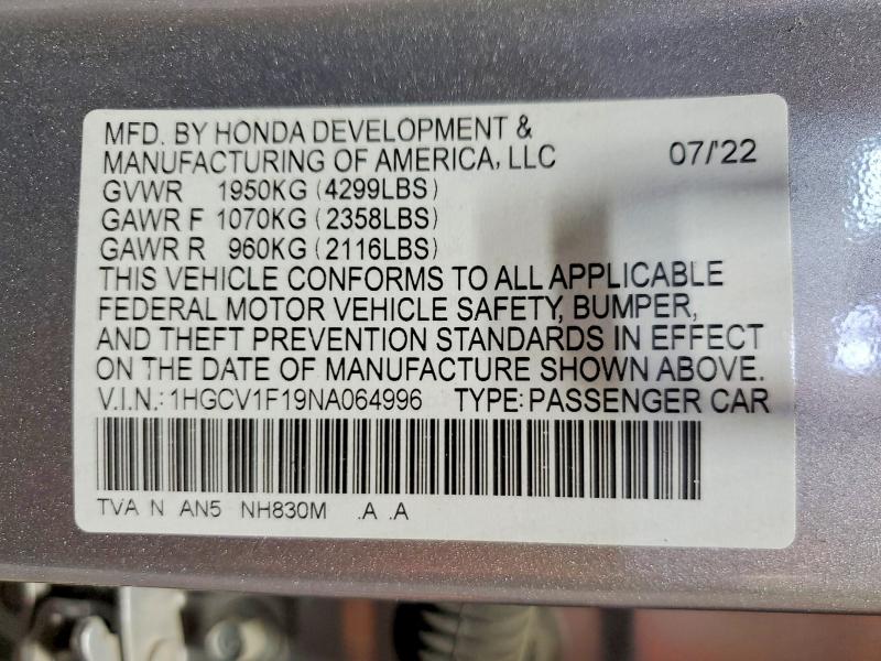 Продажа на аукционе авто 2022 Honda Accord, vin: 1HGCV1F19NA064996, номер лота: 68434906