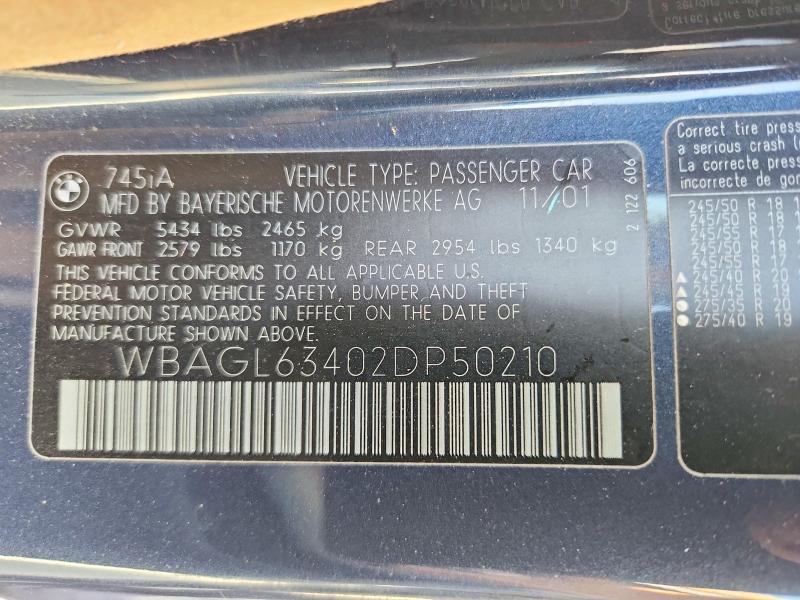 Aukcja sprzedaży 2002 Bmw 745, vin: WBAGL63402DP50210, numer aukcji: 67315376