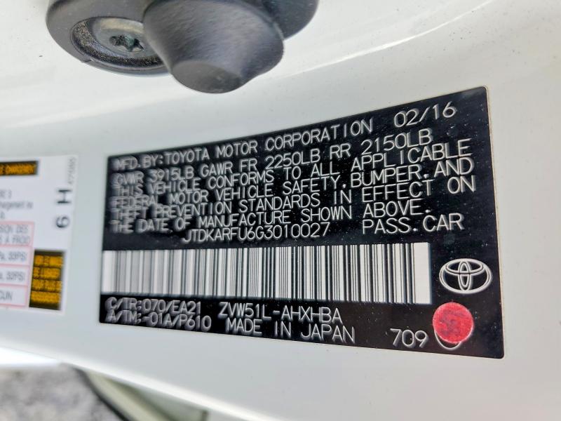 69459036 :رقم المزاد ، JTDKARFU6G3010027 vin ، 2016 Toyota Prius مزاد بيع