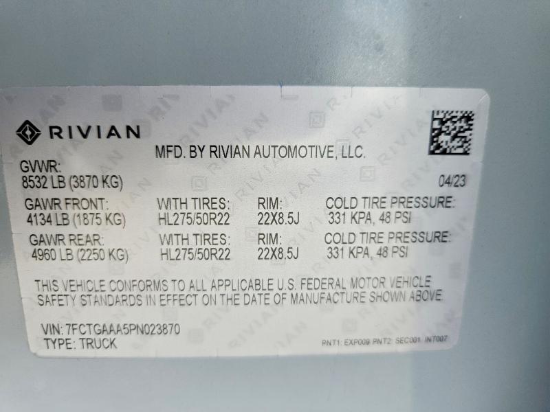 Aukcja sprzedaży 2023 Rivian R1t, vin: 7FCTGAAA5PN023870, numer aukcji: 66748926