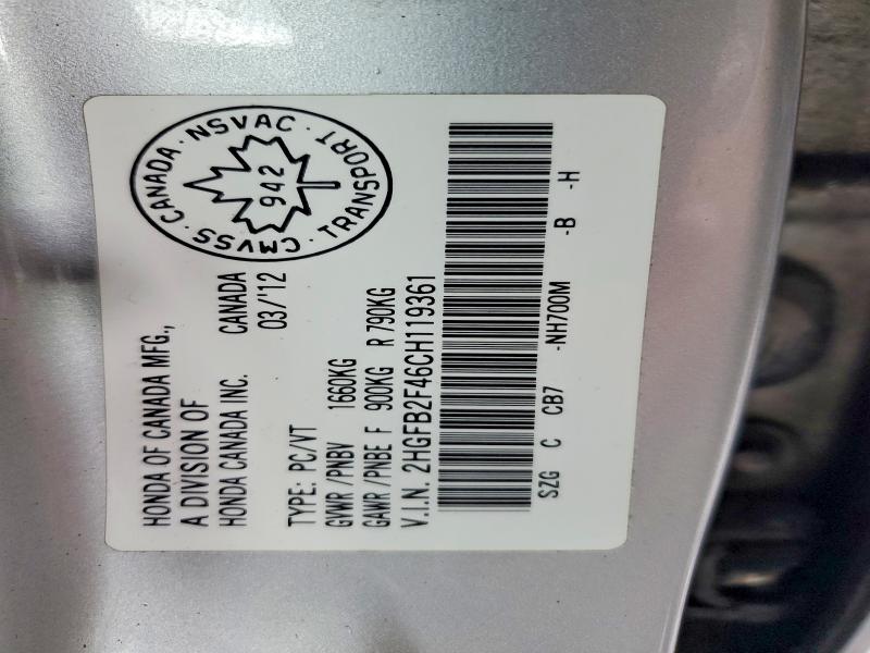69286316 :رقم المزاد ، 2HGFB2F46CH119361 vin ، 2012 Honda Civic مزاد بيع