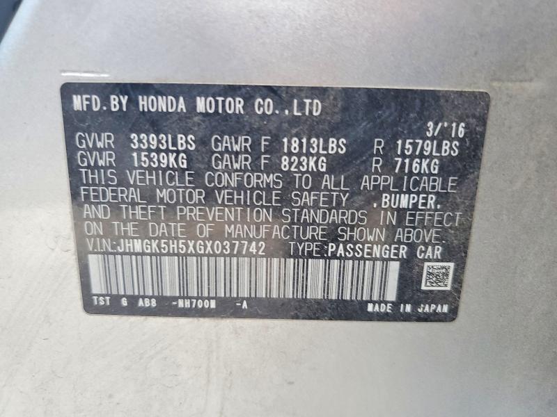 2016 Honda Fit მანქანა იყიდება აუქციონზე, vin: JHMGK5H5XGX037742, აუქციონის ნომერი: 70266456