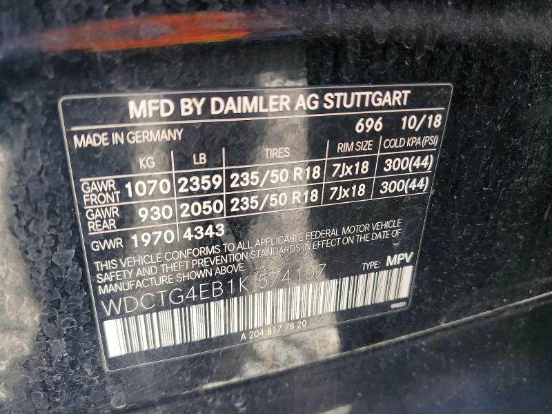 Aukcja sprzedaży 2019 Mercedes-benz Gla, vin: WDCTG4EB1KJ574107, numer aukcji: 69736986