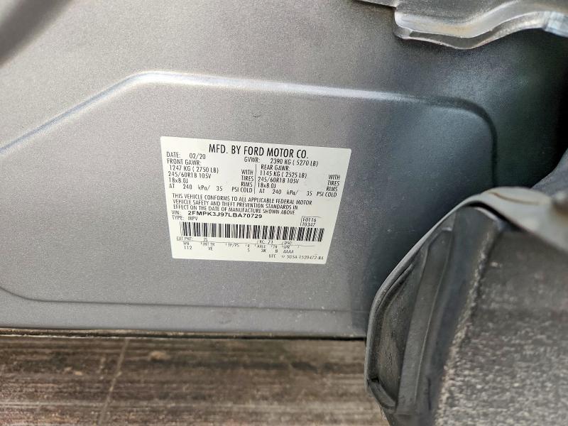 2020 Ford Edge მანქანა იყიდება აუქციონზე, vin: 2FMPK3J97LBA70729, აუქციონის ნომერი: 68514386