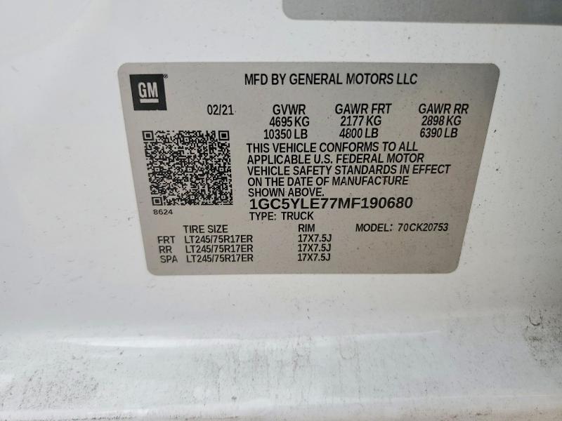 Продажа на аукционе авто 2021 Chevrolet Silverado, vin: 1GC5YLE77MF190680, номер лота: 68389026