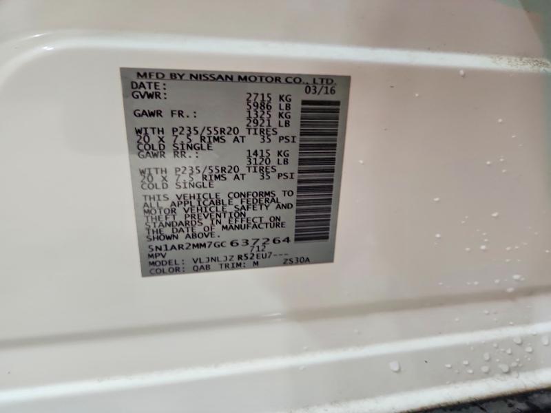 2016 Nissan Pathfinder მანქანა იყიდება აუქციონზე, vin: 5N1AR2MM7GC637264, აუქციონის ნომერი: 70117376
