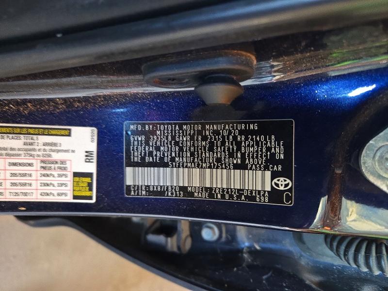 Продаж на аукціоні авто 2021 Toyota Corolla, vin: 5YFEPMAE7MP175456, номер лоту: 70800496