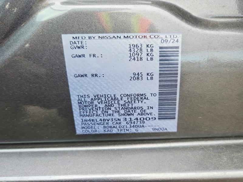 2025 Nissan Altima მანქანა იყიდება აუქციონზე, vin: 1N4BL4BV3SN314009, აუქციონის ნომერი: 69888936
